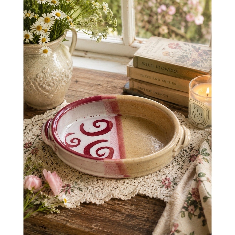 Studio Pottery Covered Casserole Base Dish Pink Swirl Oval Baker No Lid VTG